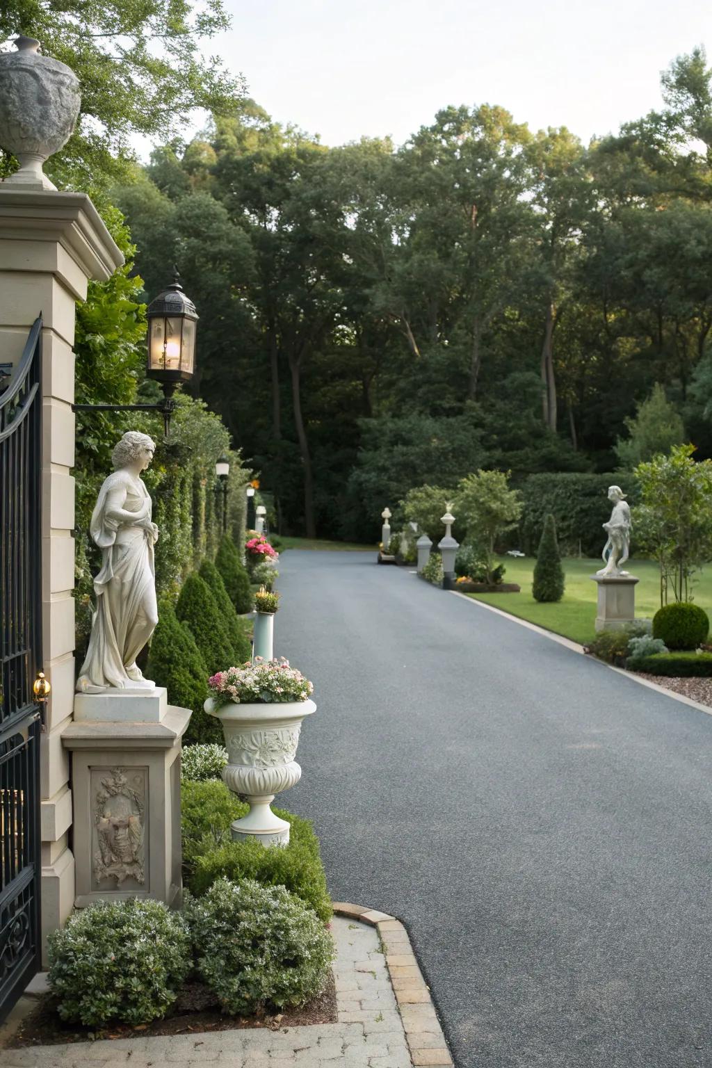 Garden ornaments inject a touch of elegance and charm to the driveway.