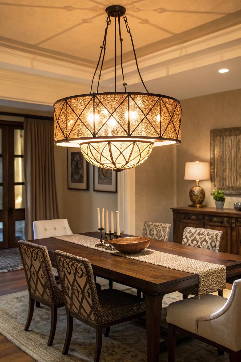 An artistic fitting introducing character to a dining space.