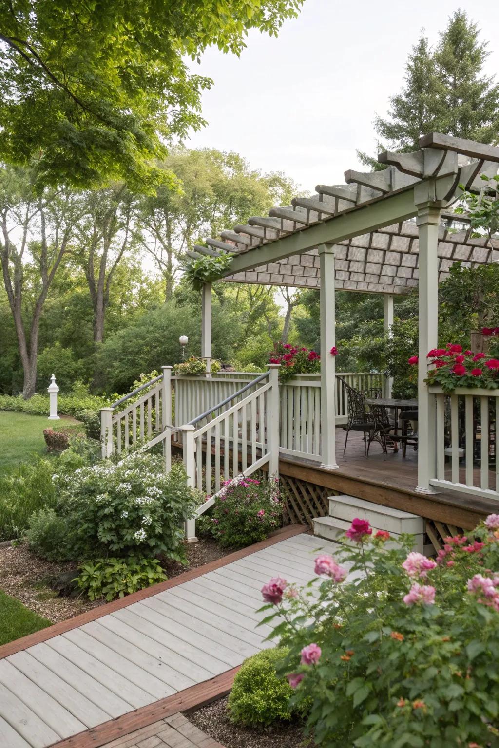 An elevated deck showcasing a pergola and railings.