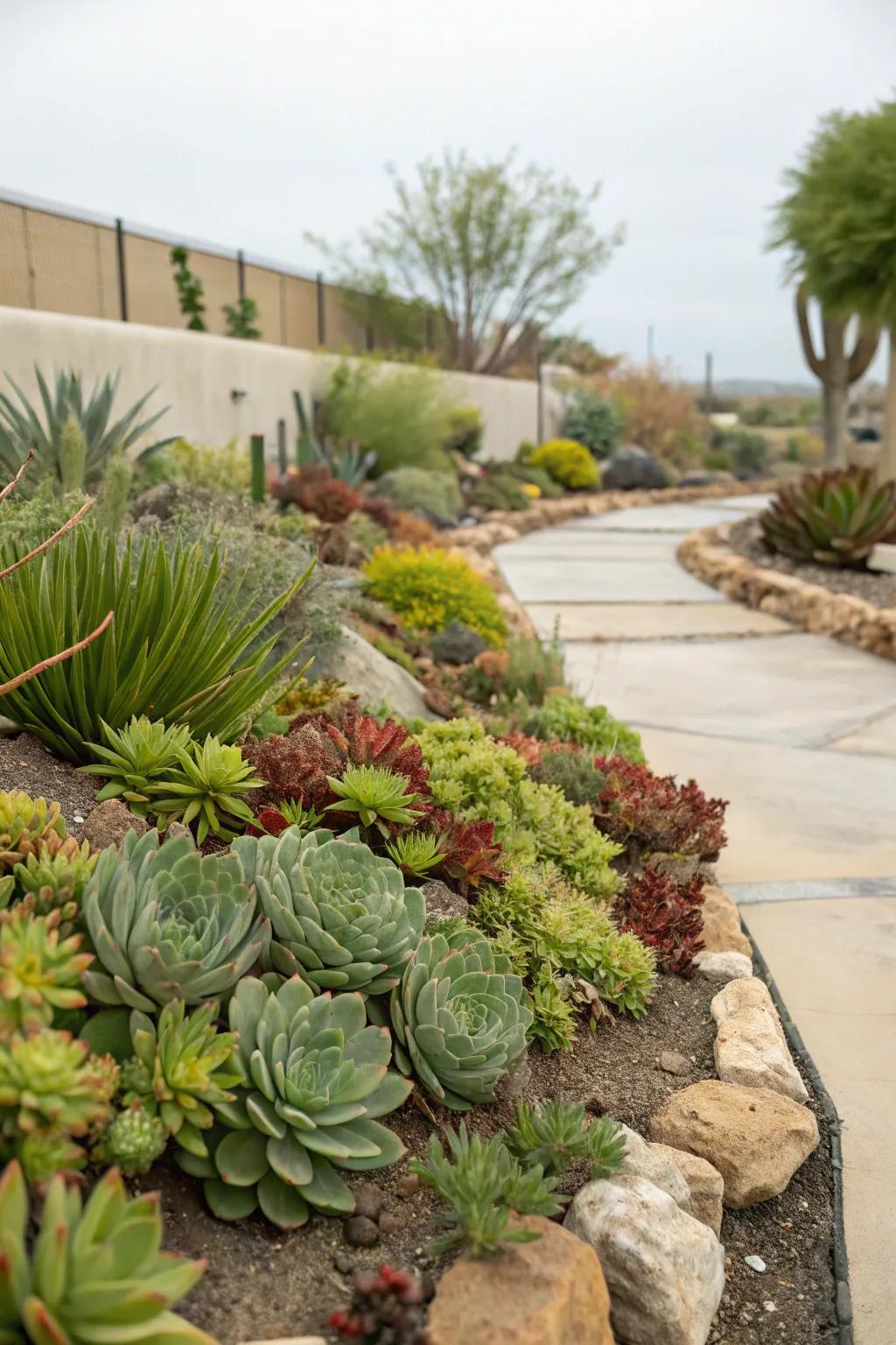 A xeriscaped garden in Portland featuring drought-tolerant plants and succulents.