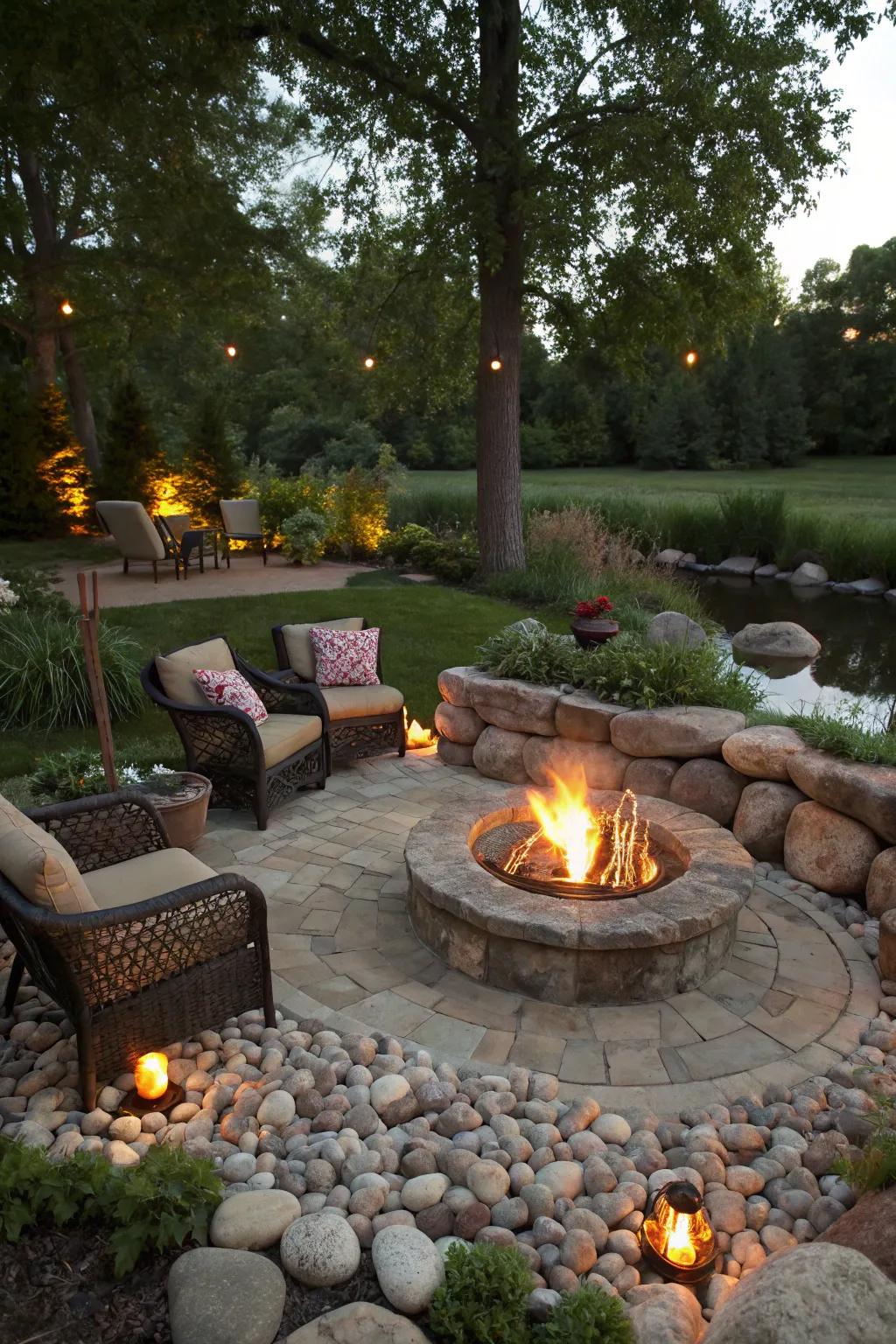 Build a cozy and inviting fire pit area with river stones.