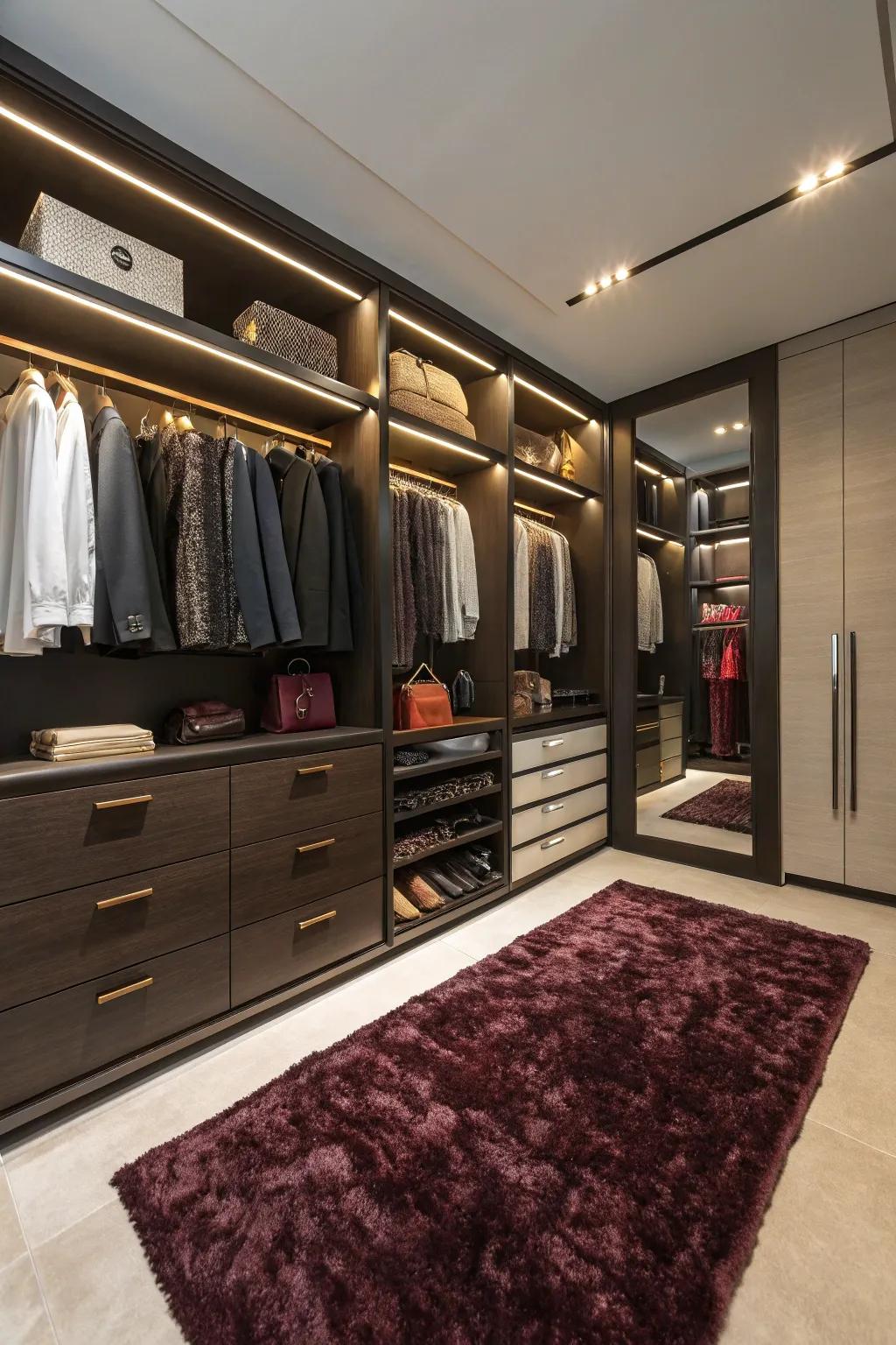 A plush rug bringing warmth to the high-end closet.