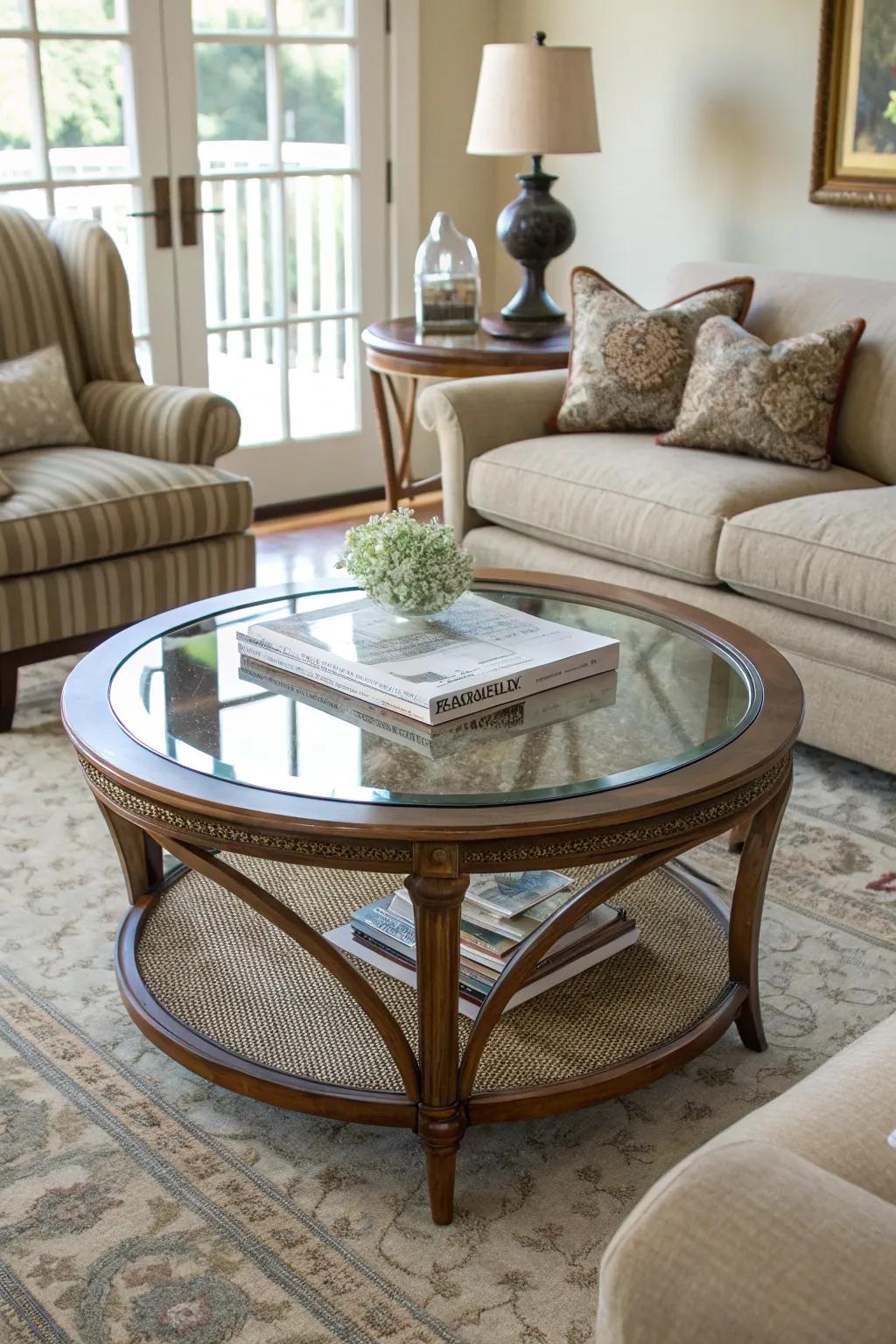 A glass-topped center table adds a hint of elegance to this glam living space.