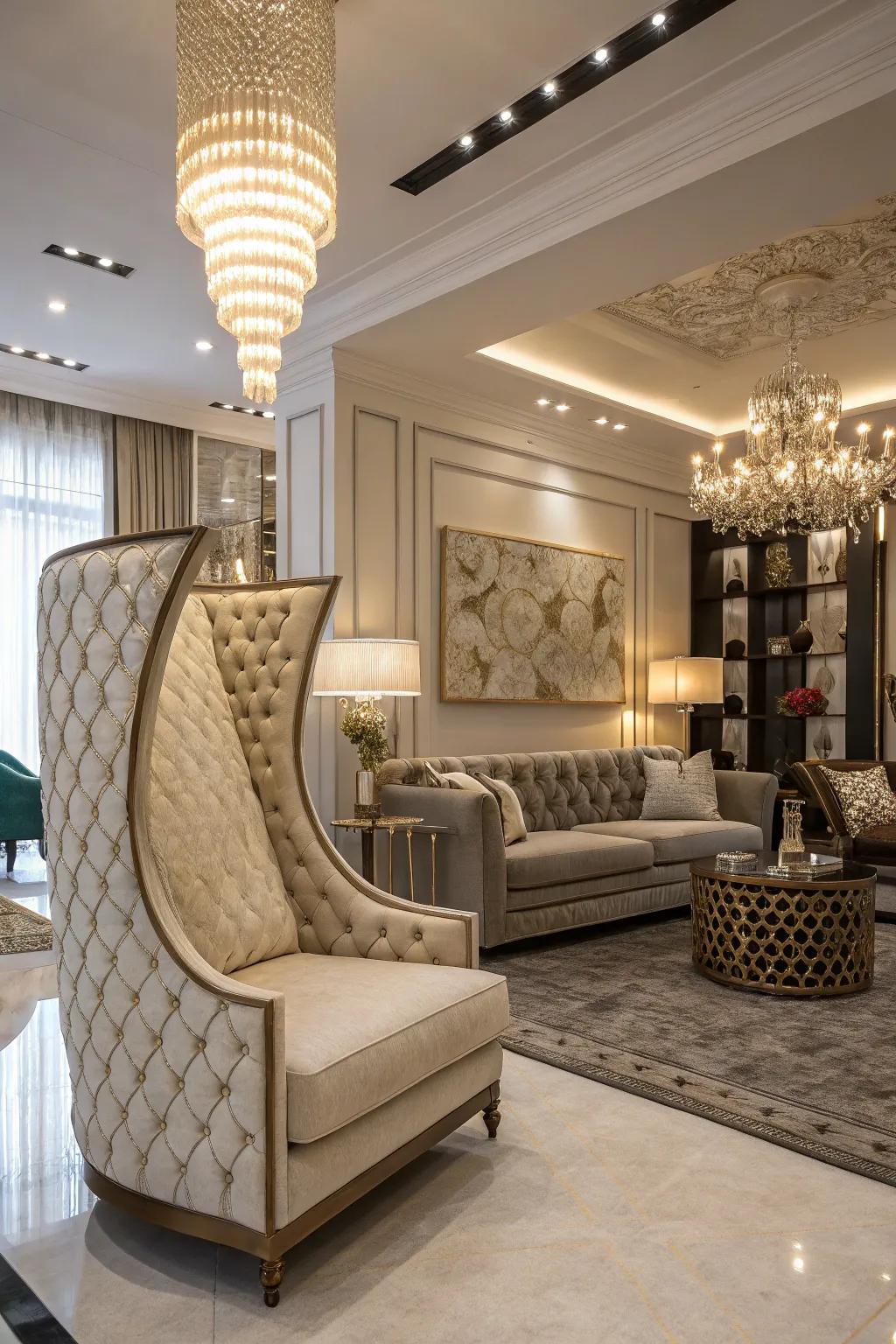 A striking furniture piece instantly captures the eye in this lavish living space.