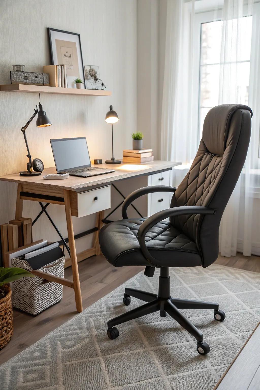 A stylish and well-designed chair offering comfort in a home office.