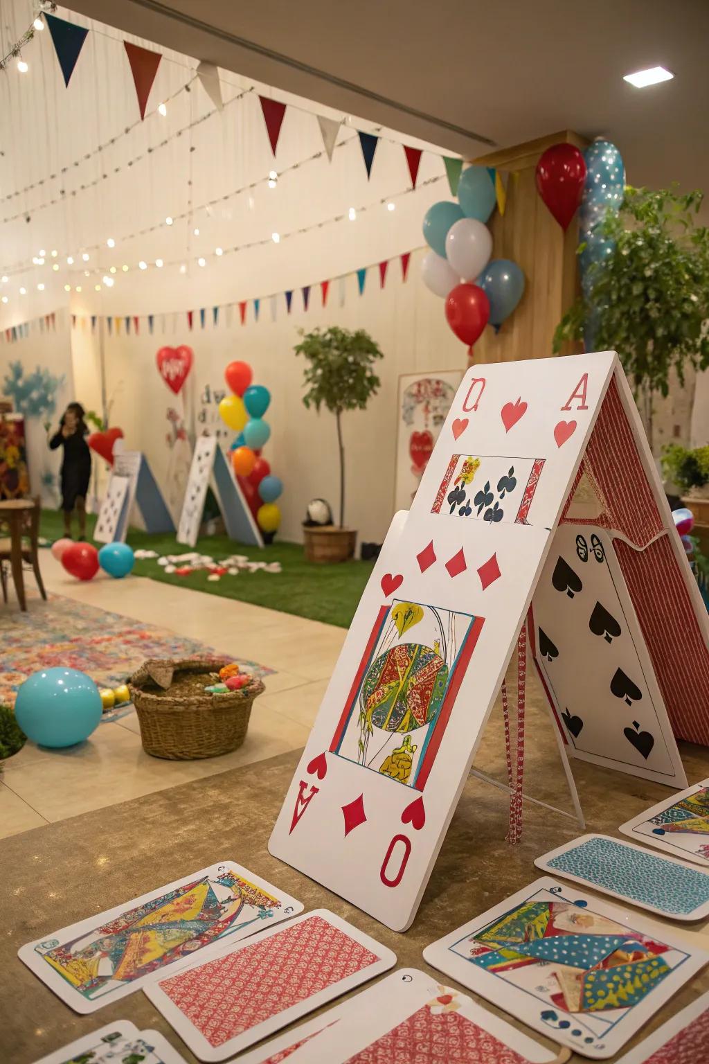 Exaggerated playing tiles introduce a whimsical touch to the celebration decor.