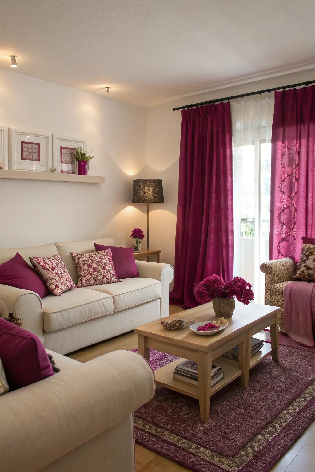 Fuchsia accents paired with soft shades create a balanced and inviting living space.