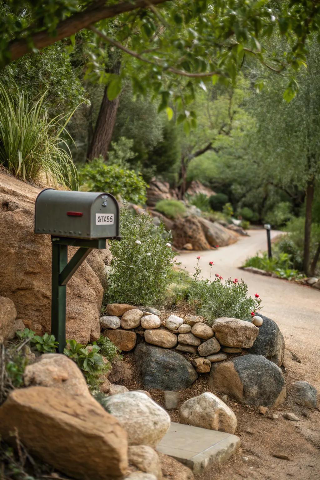 Natural aesthetics with earth-toned stones fashion a harmonious mailbox scenery.
