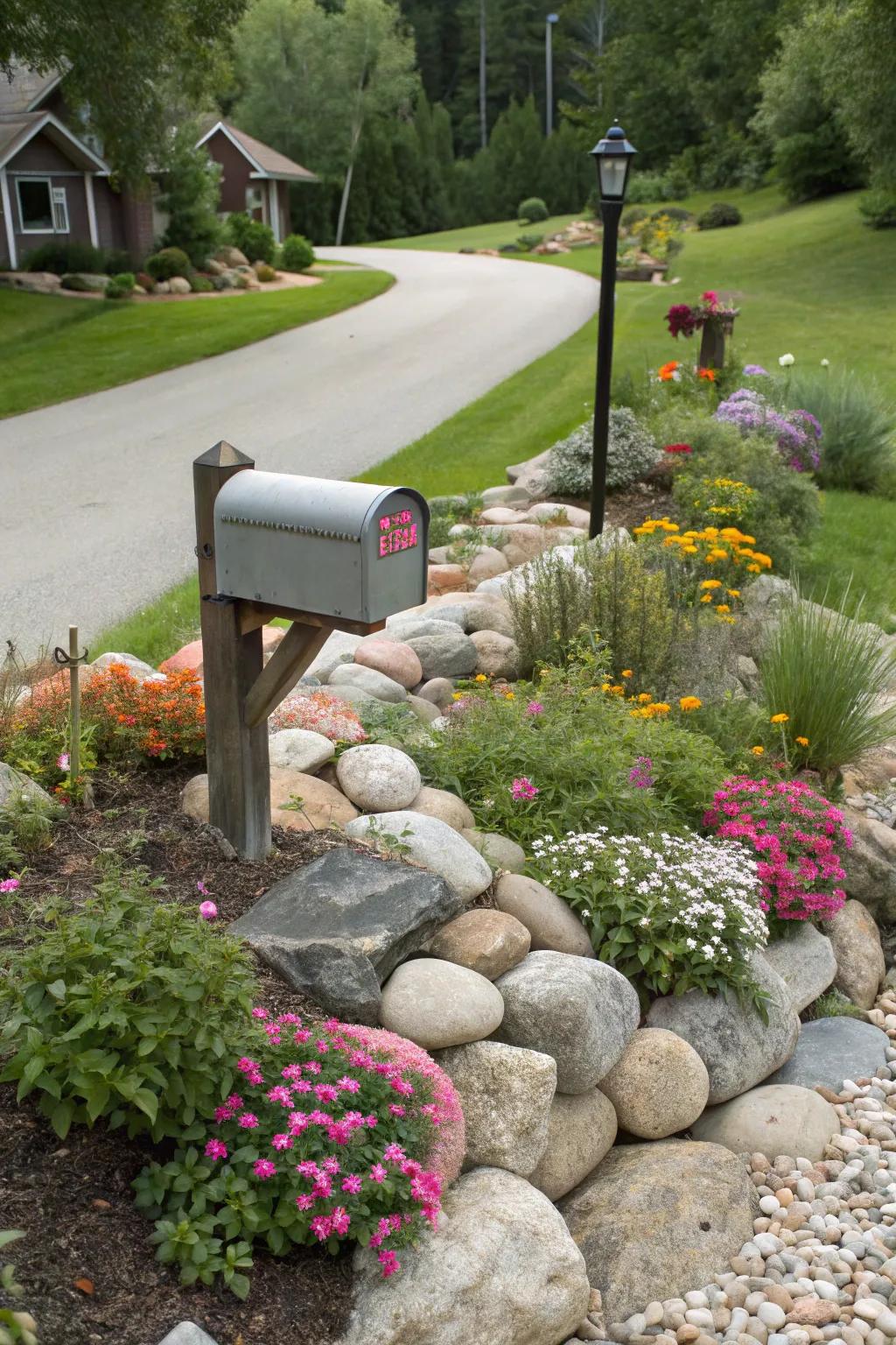 Stones and blossoms blend for a striking, colorful effect.