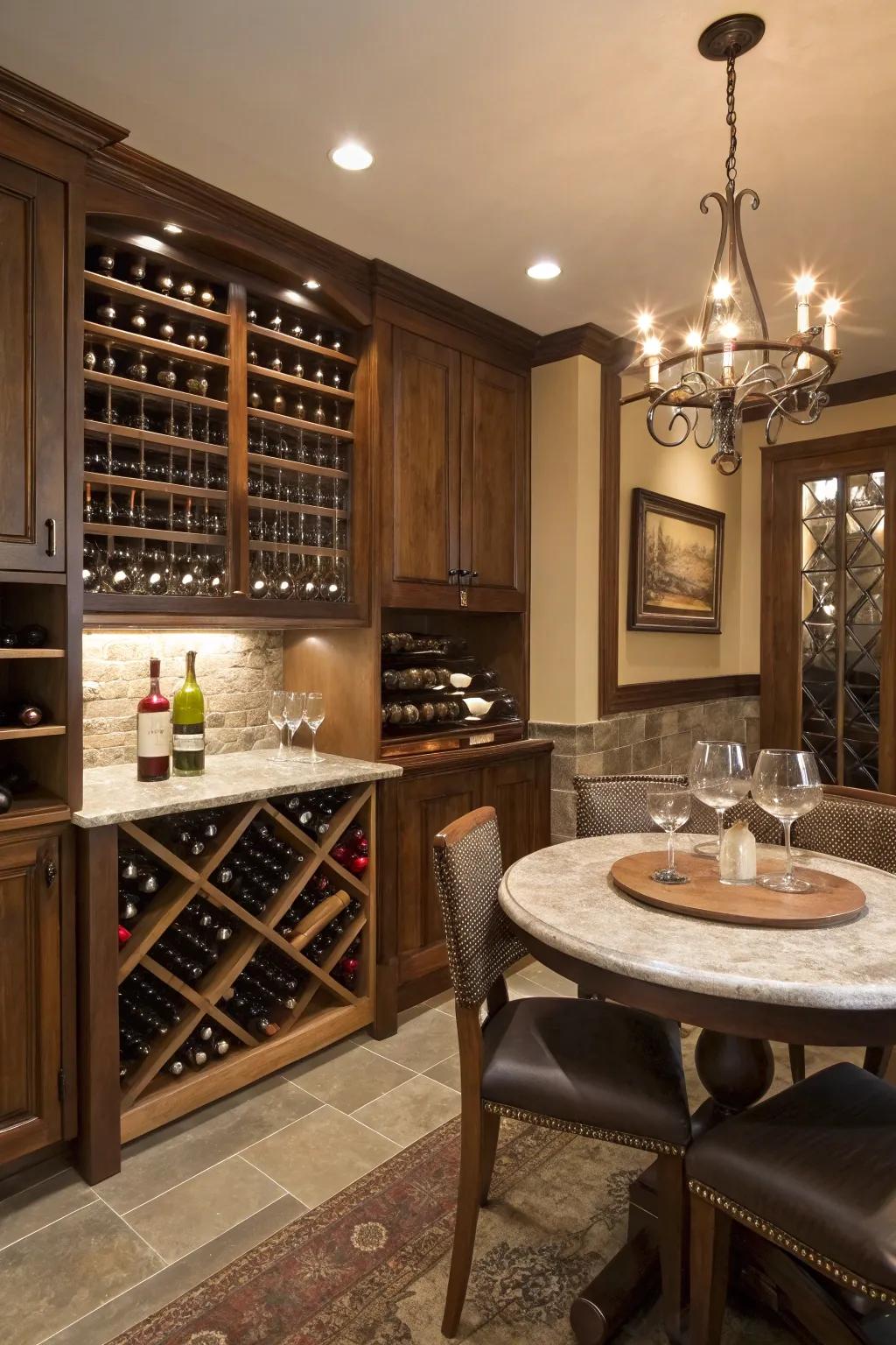 Elegance finds comfort in a refined wine cellar corner.