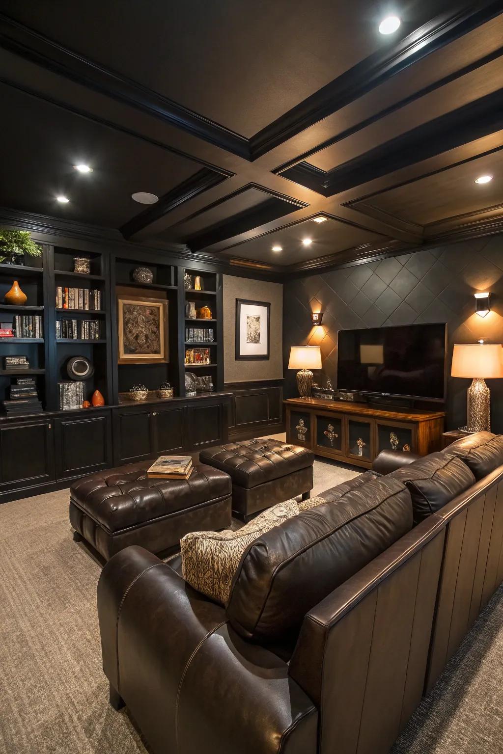 Shady coloration schemes foster an atmosphere brimming with tranquility within this man cave.