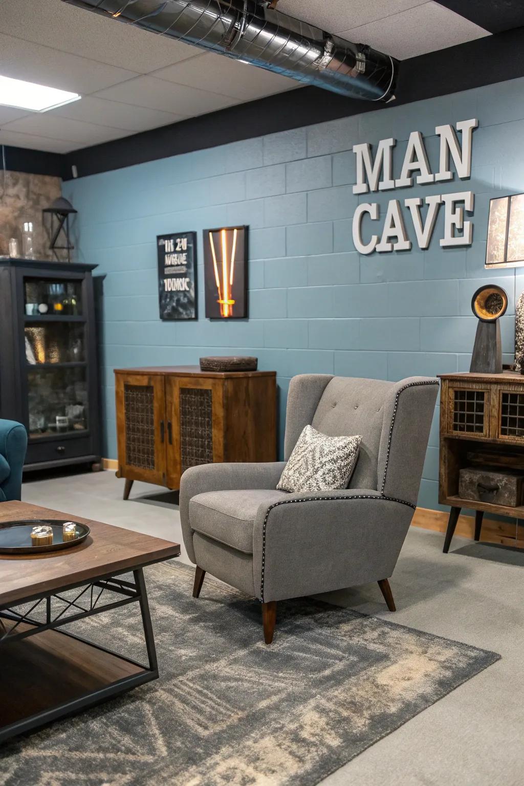 Distinctive and elegant furnishings in a man cave.