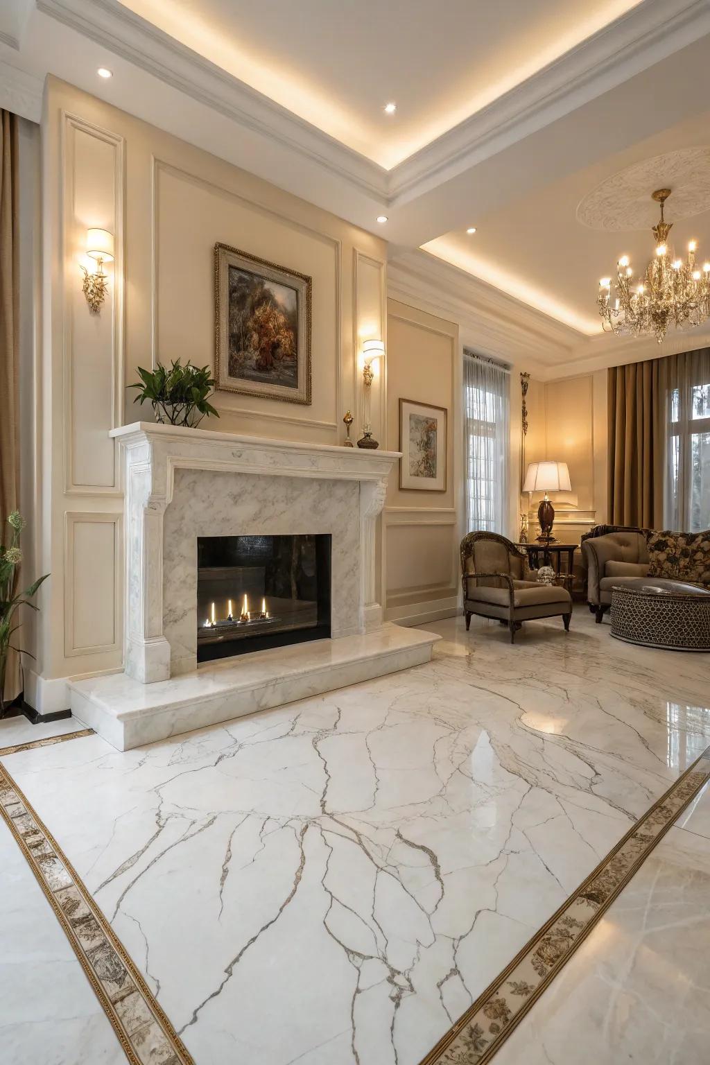 Coordinating stone highlights the fireplace as a focal point.