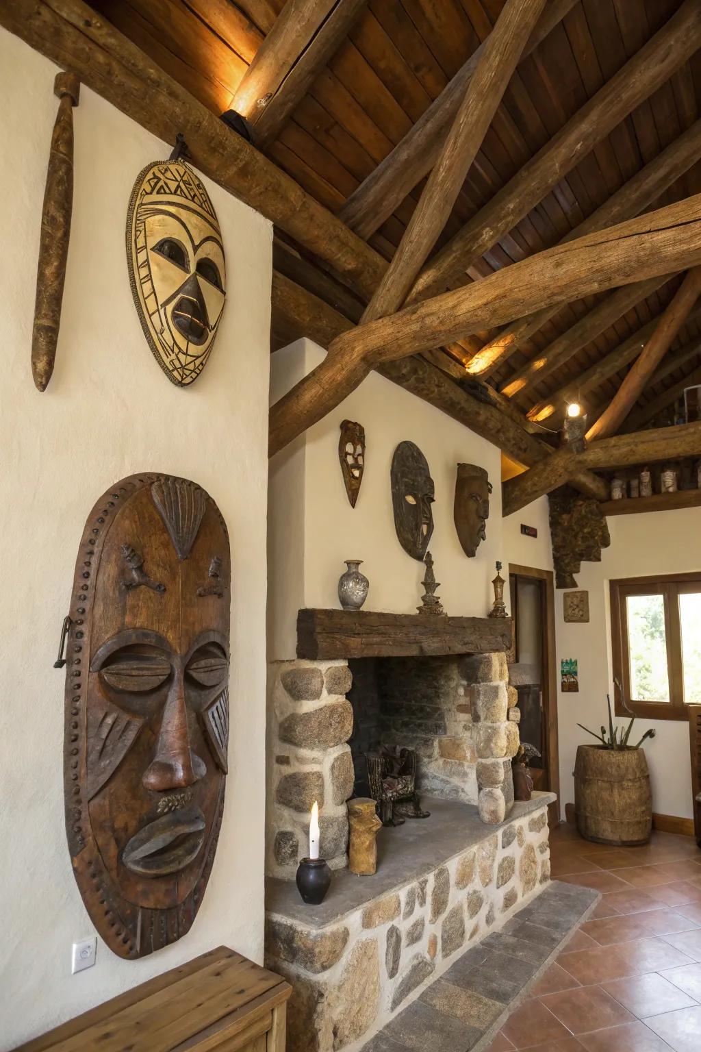 Natural patterns in masks add warmth to a weathered setting.