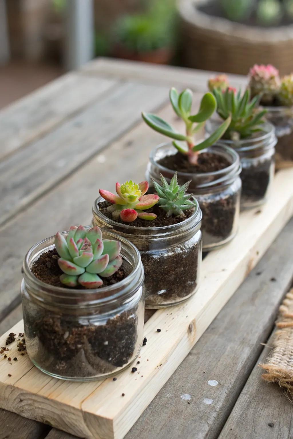 Whimsical preserving-style jar succulent gardens.