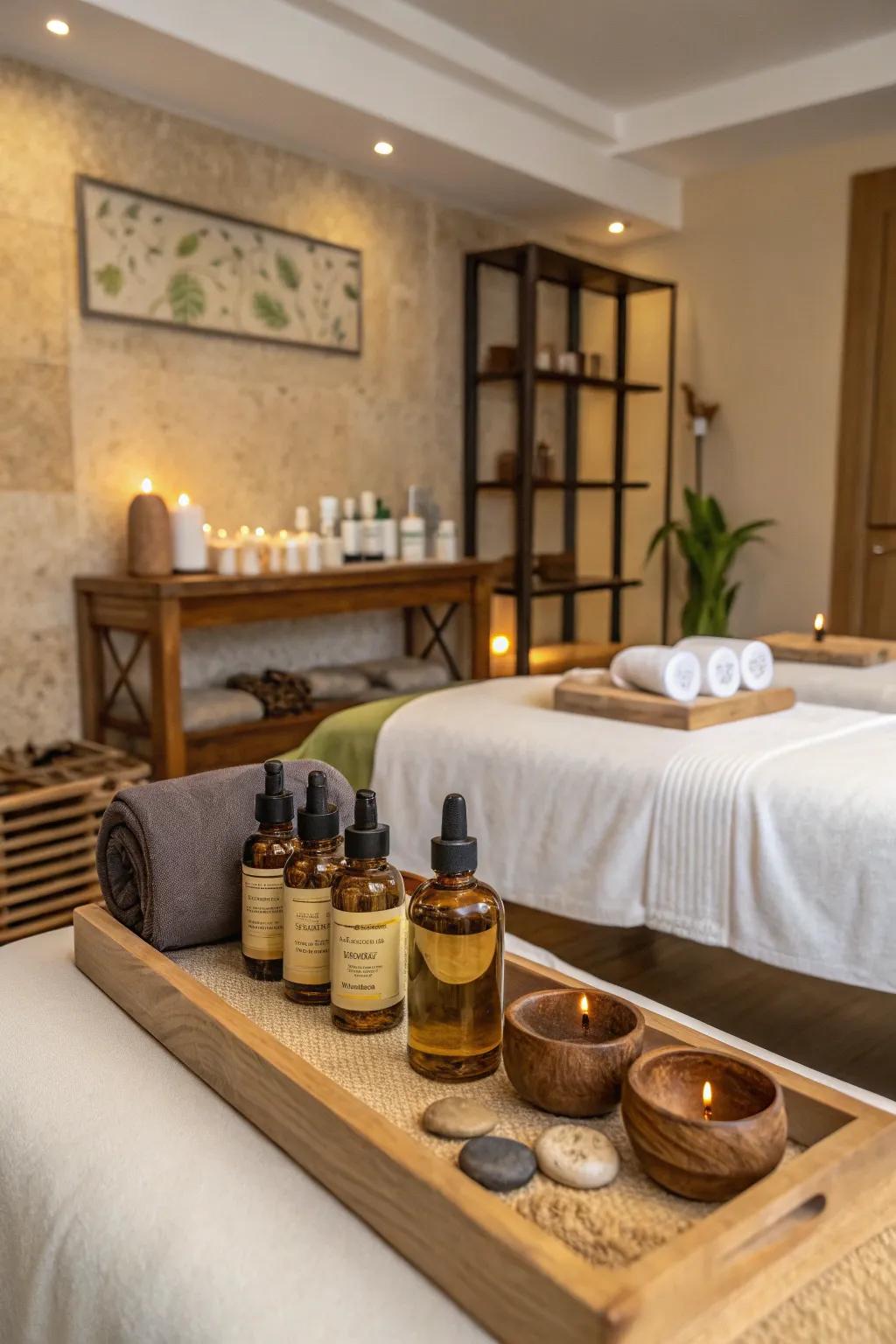 A massage room exuding spa-like luxury with essential oils and tools.