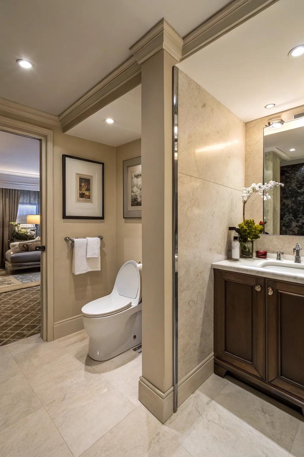 An isolated lavatory recess guarantees tact without sacrificing area within this bathing area arrangement.