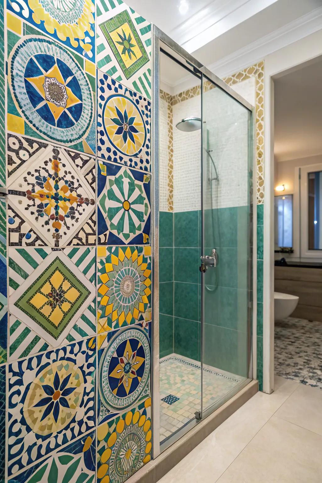A shower showcasing complex patterned tiling, bringing color and uniqueness.