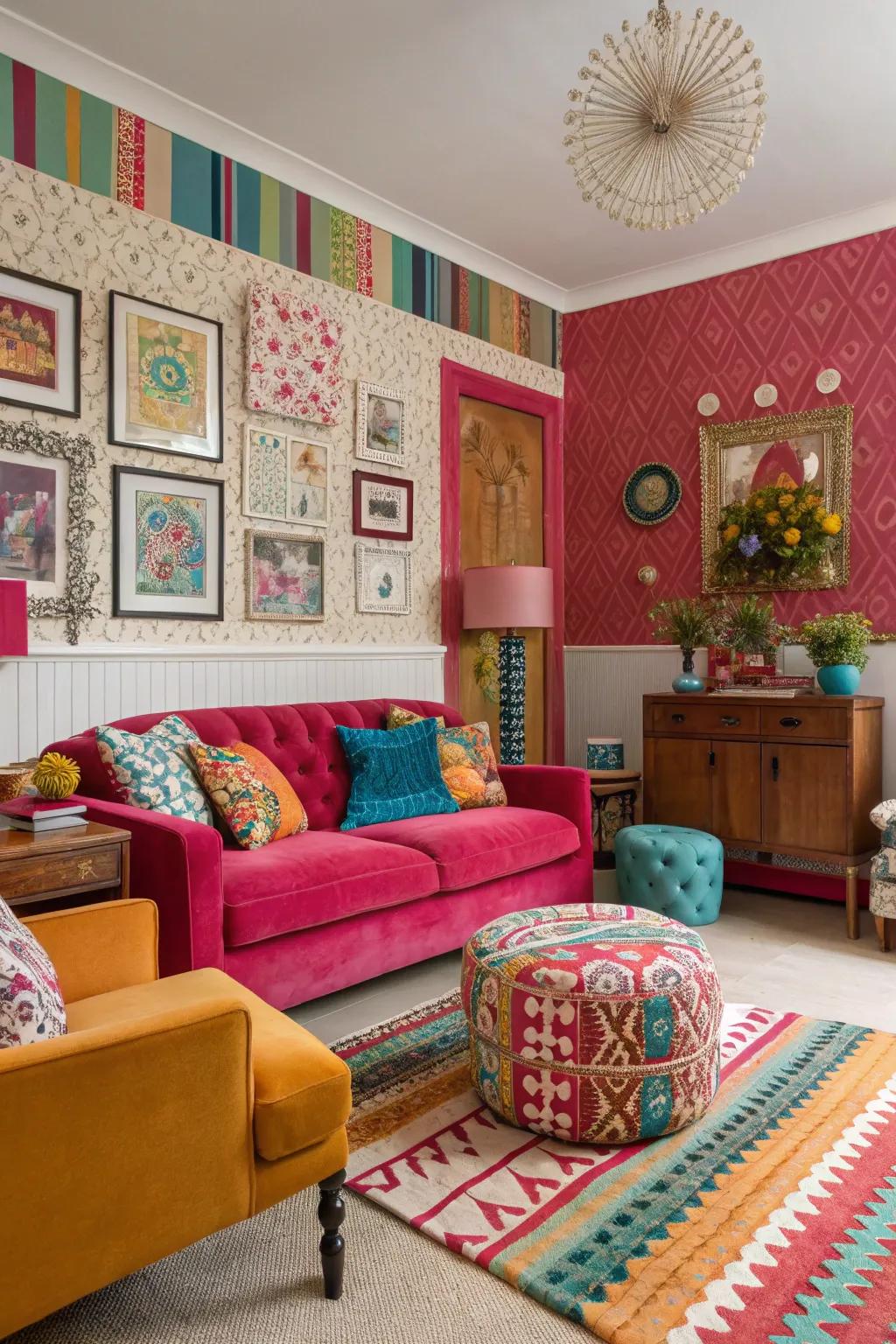 Contrasting hue wallpaper adds vibrancy to a lively living space.