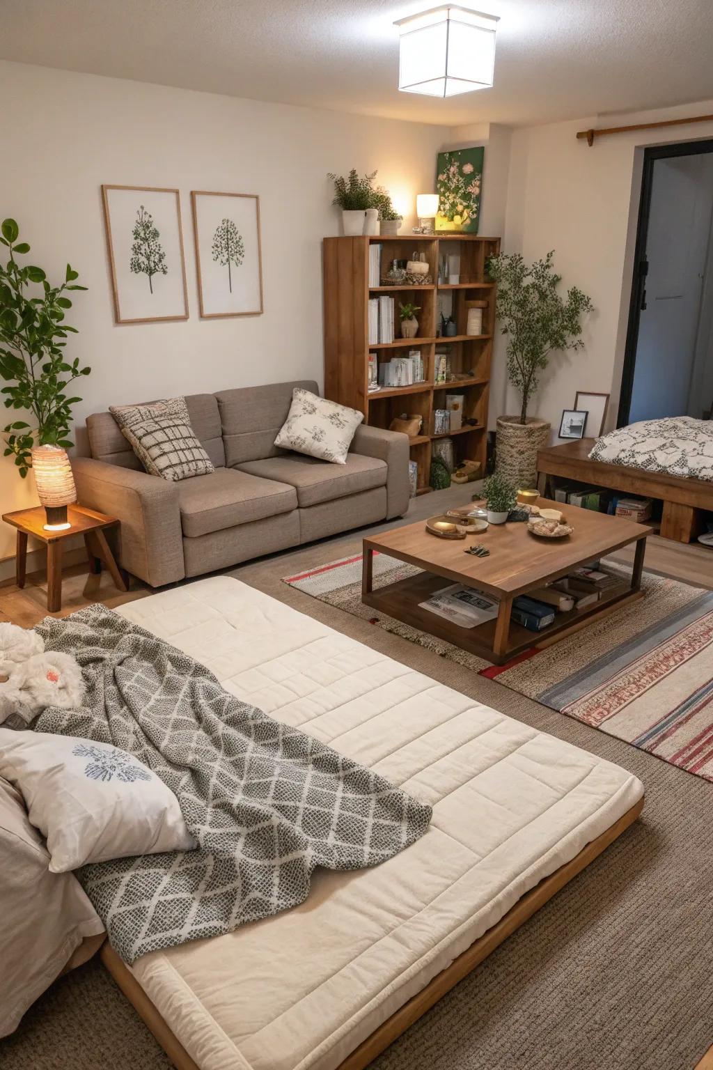 A clever utilization of space using a floor mattress.