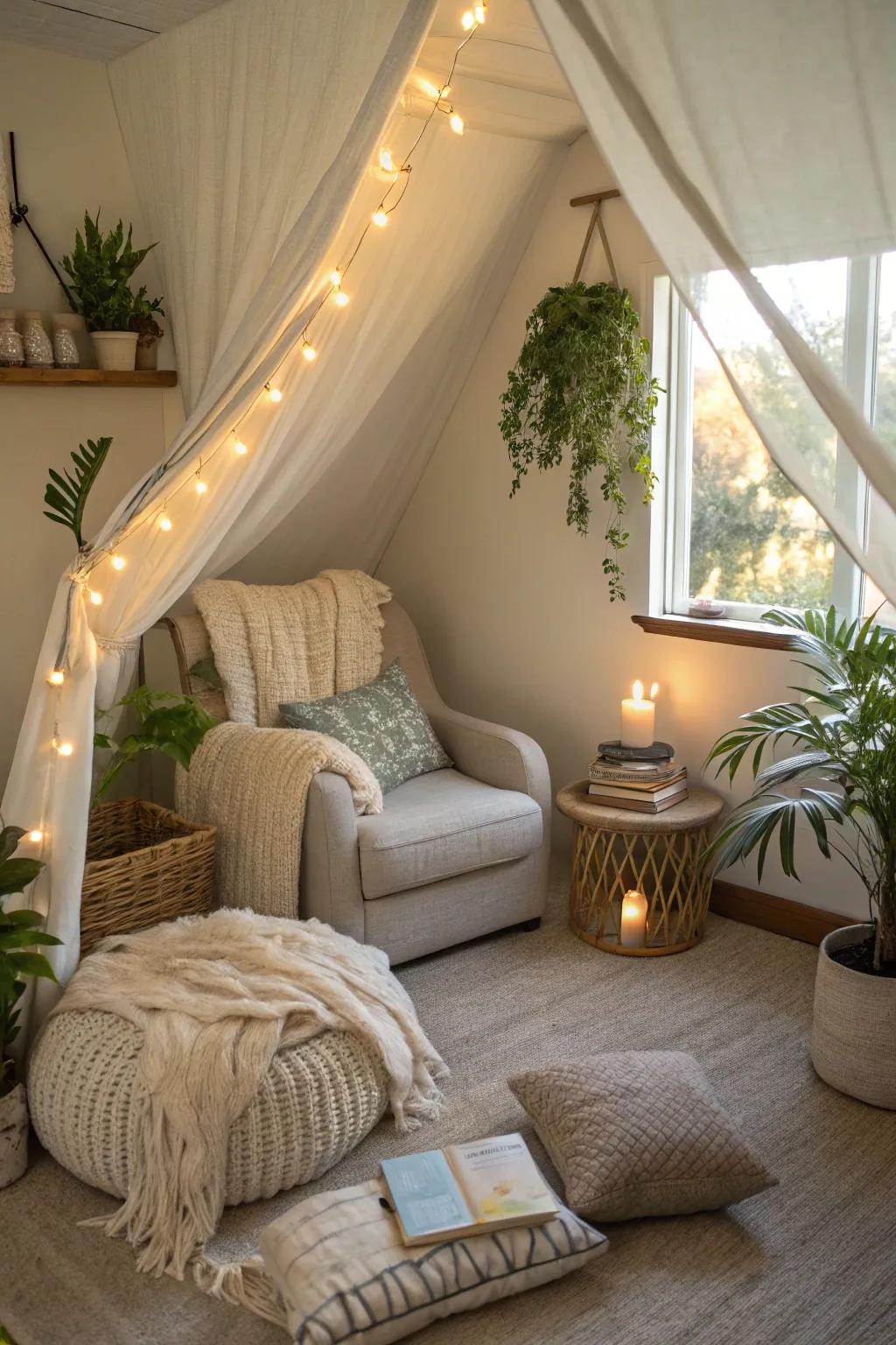 A versatile meditation room with a cozy reading nook.