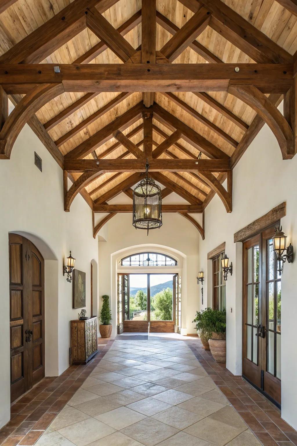 Raised ceilings bring a sense of grandeur to a Mediterranean-style entry.