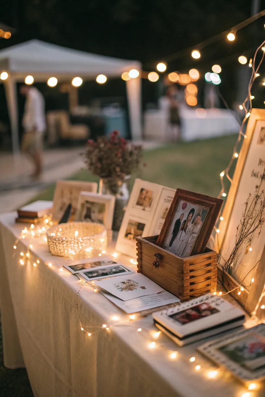 Fairy lights magically highlight the memory table.