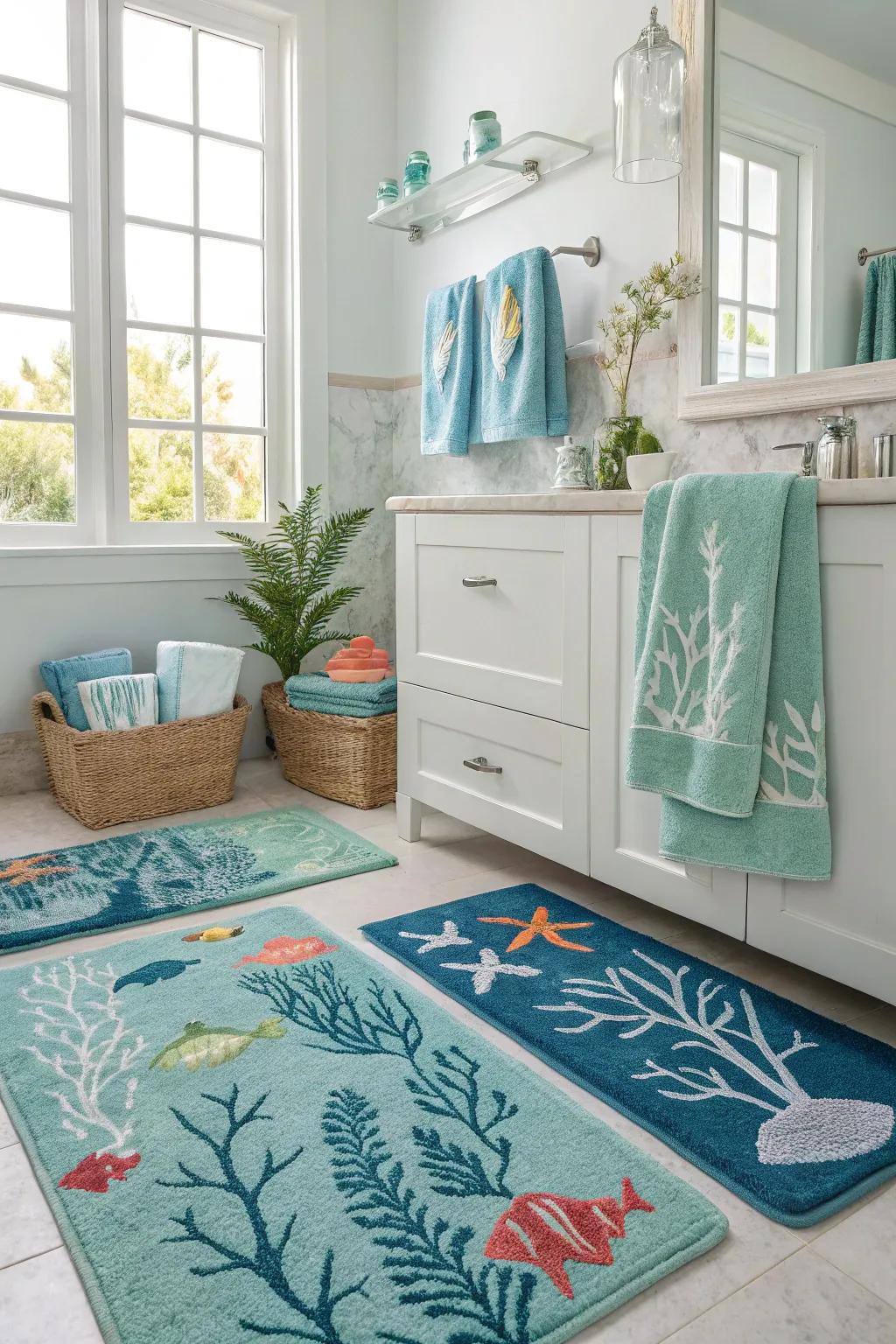 Aquatic textiles contribute warmth and flair to your mermaid-inspired bathing area.
