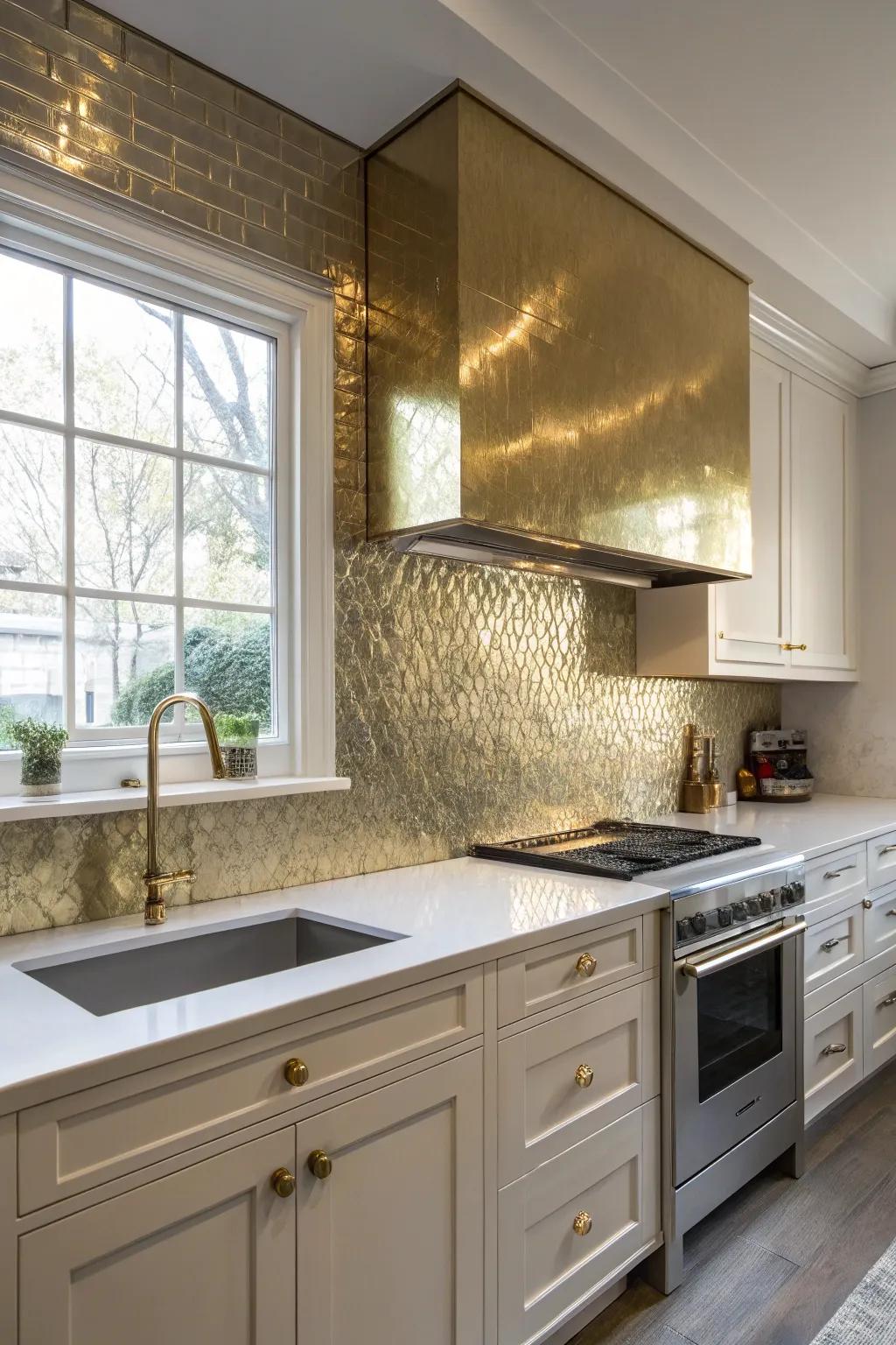 A kitchen showcasing a bold golden metallic backsplash.