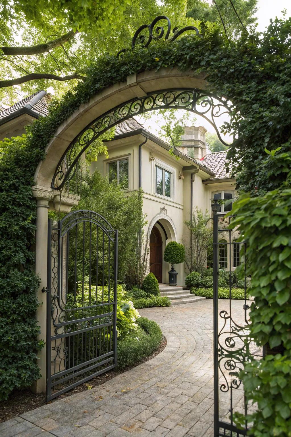 An arched metal gate that creates a majestic entrance to your home.