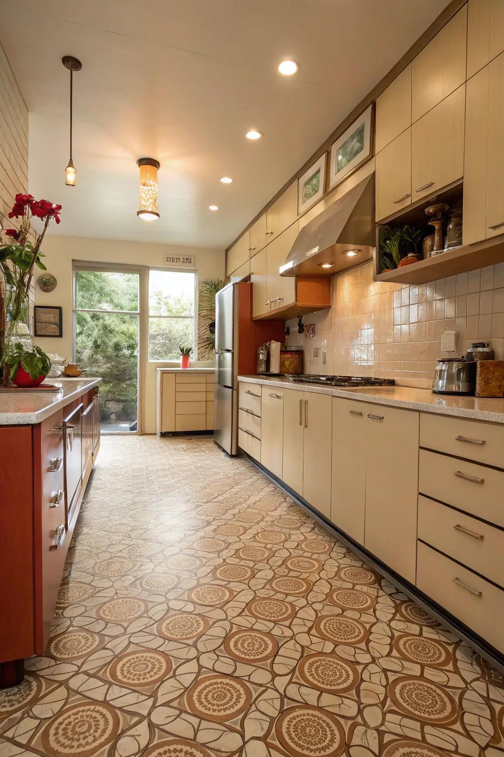 The texture of the floor covering gives this kitchen's flooring depth and intrigue.