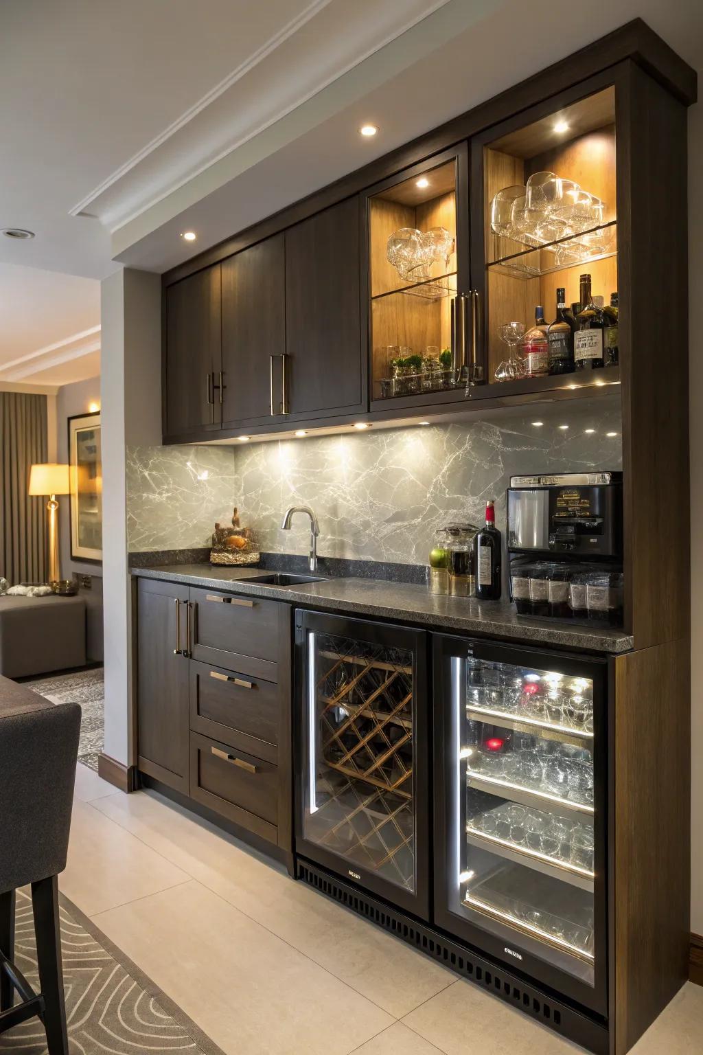 Integrated lighting fosters a seamless bar aesthetic.