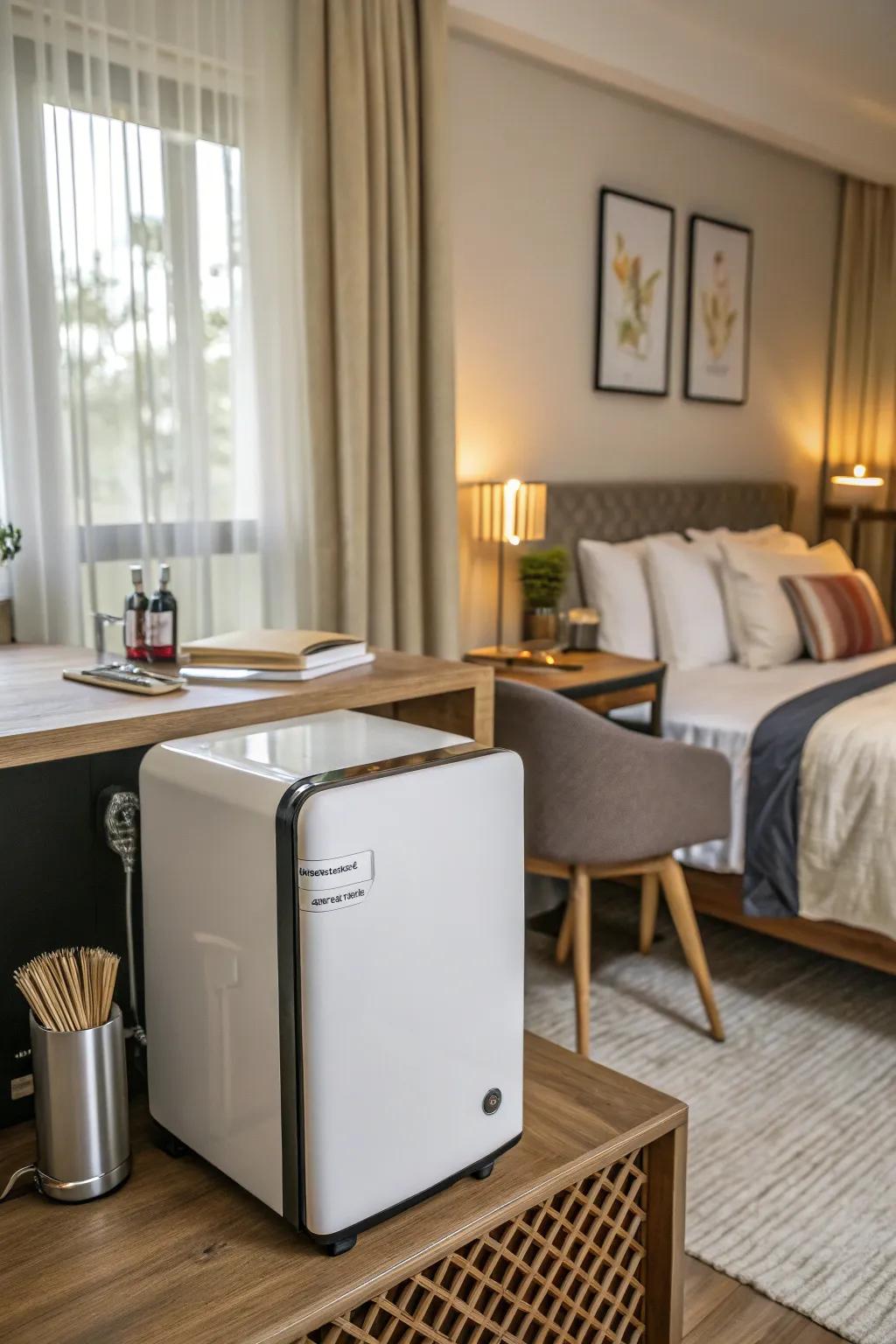 A fashionable small refrigerator design complementing a bedroom's aesthetic.