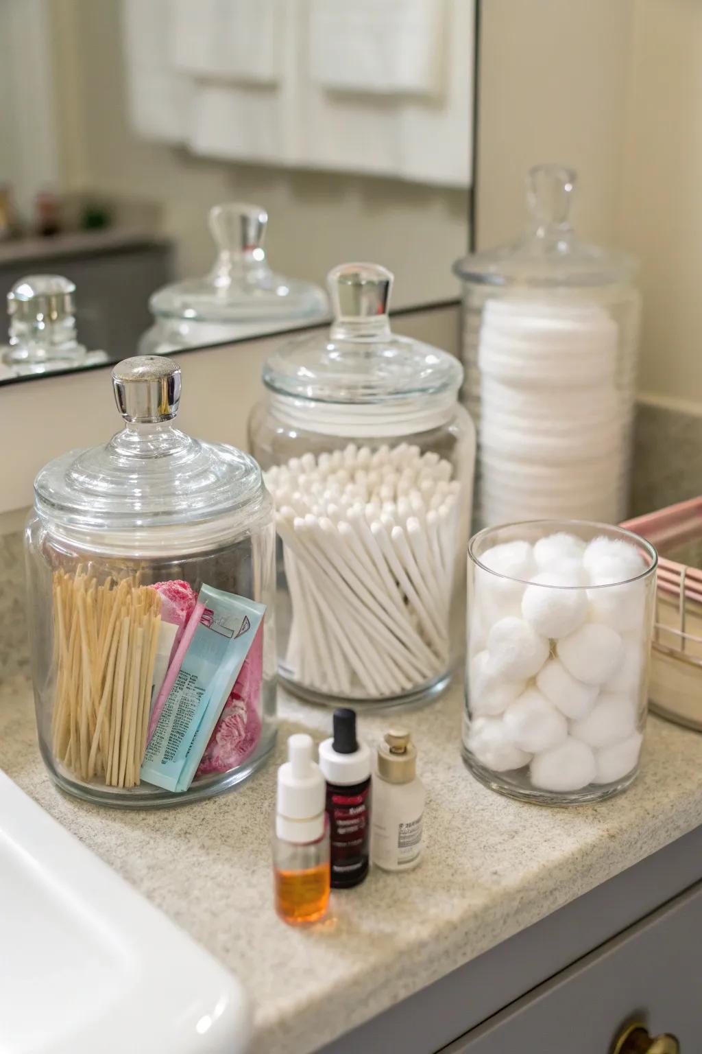 Arranged vials retain bathroom basics in a structured and posh fashion.