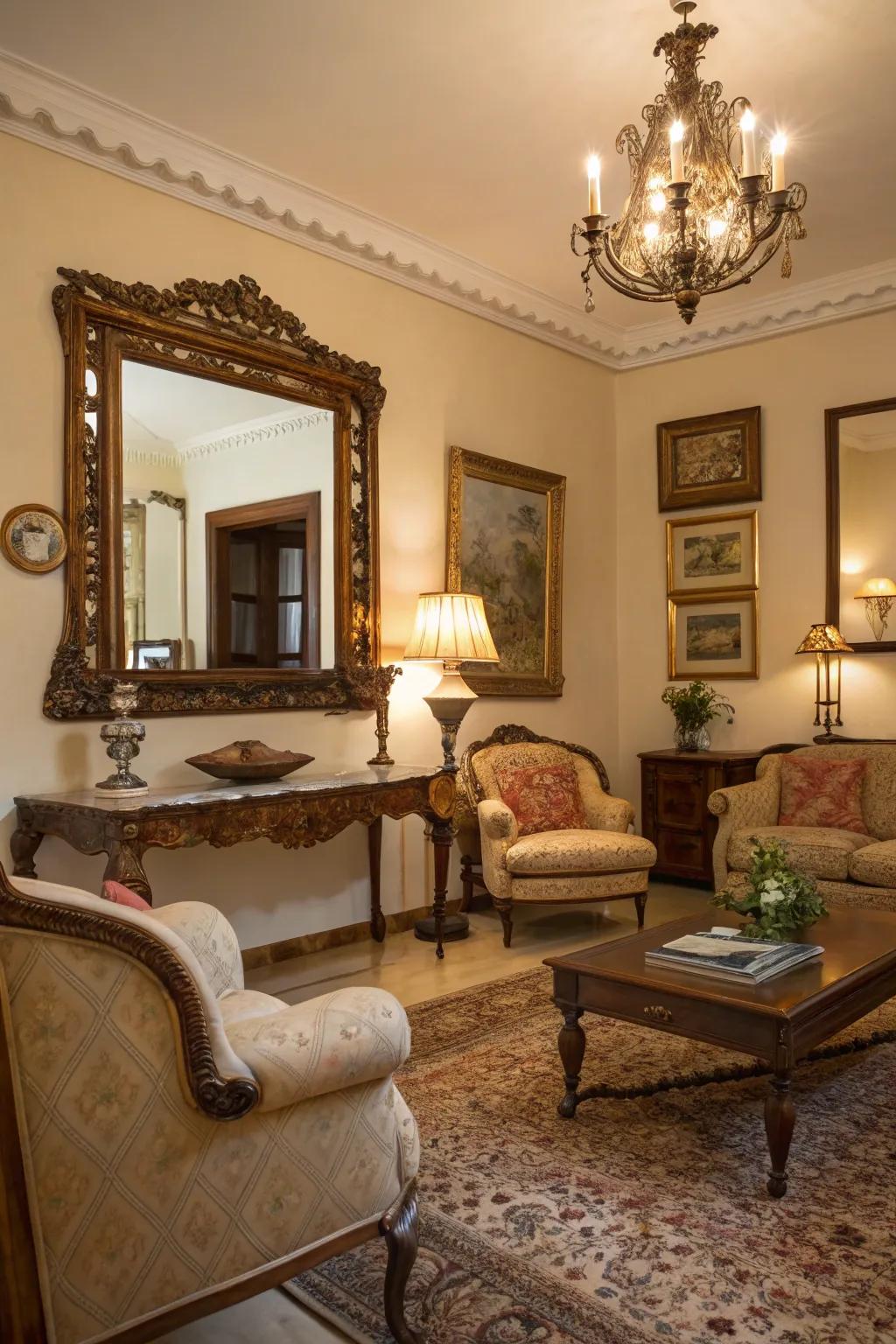 Antique mirrors bring history and distinct character to the space.