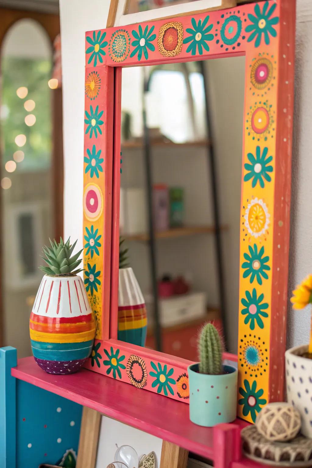 An eclectic mirror and shelf combination for a lively, playful touch.