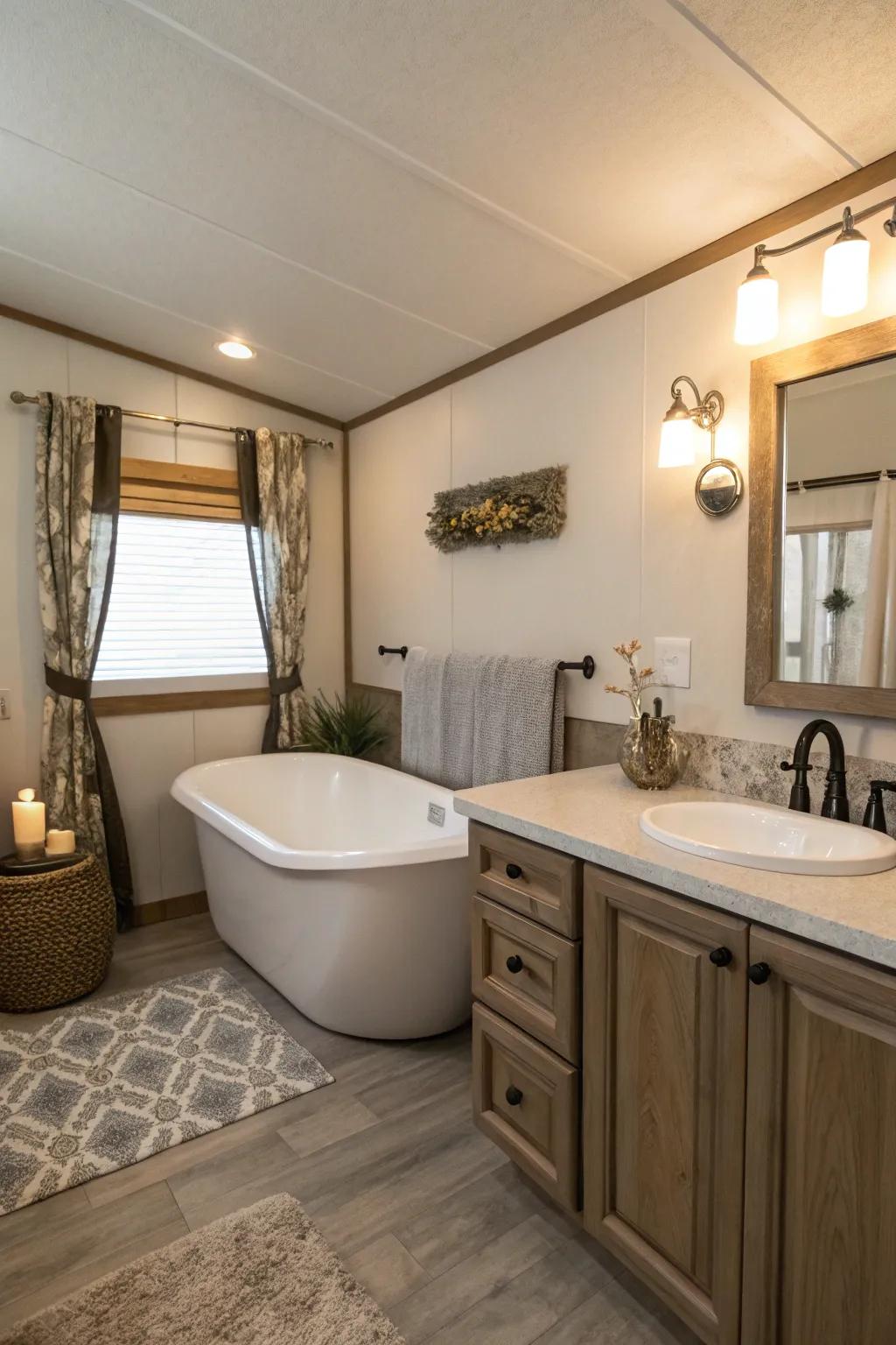 A spa-inspired washroom featuring a standalone tub and graceful decor, delivering a lavish retreat.