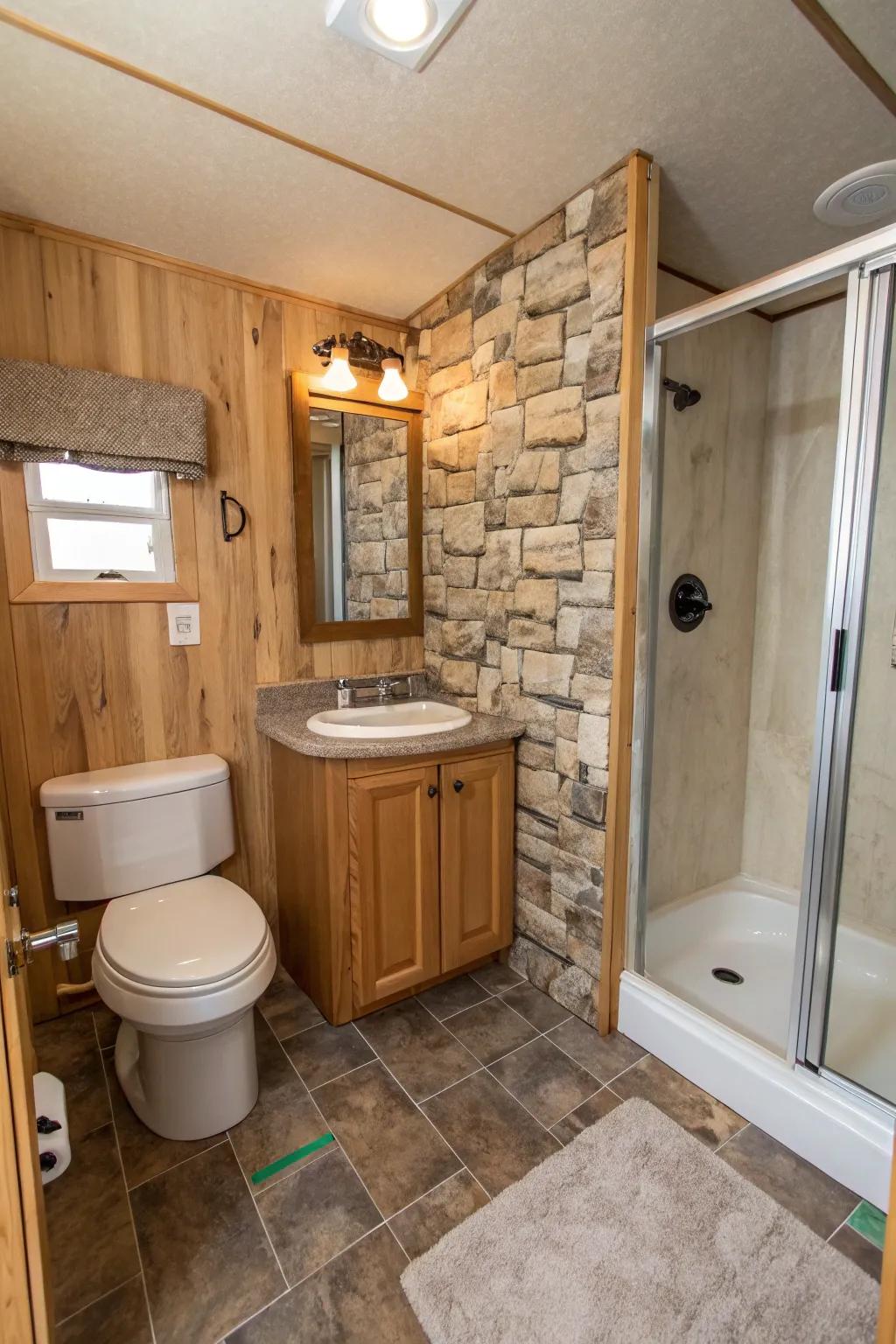 Textured accents add depth and character to this bathroom.