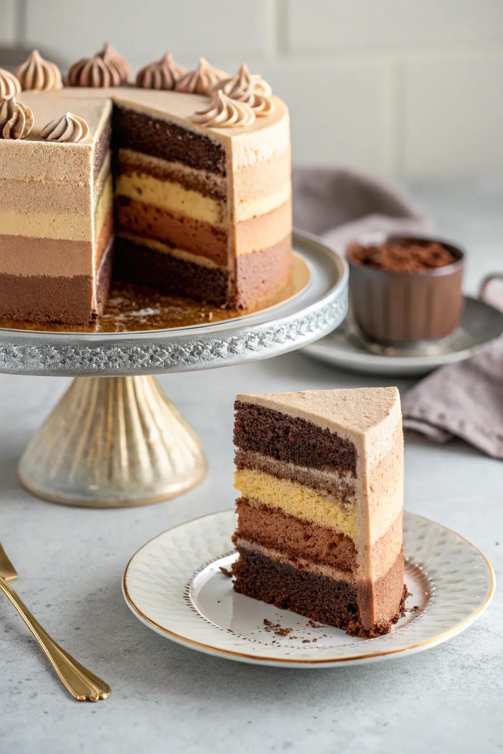Graduated mocha strata fashion a visually stunning cake.