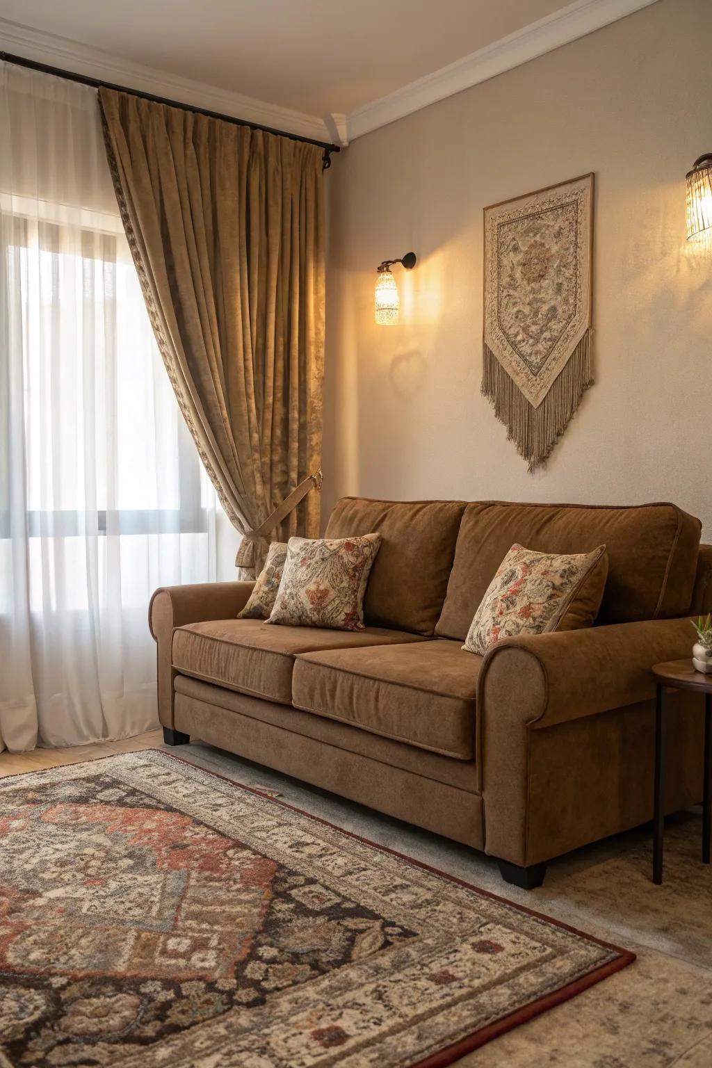 Layered textures contribute dimension and comfort to the chocolate-brown sofa section.