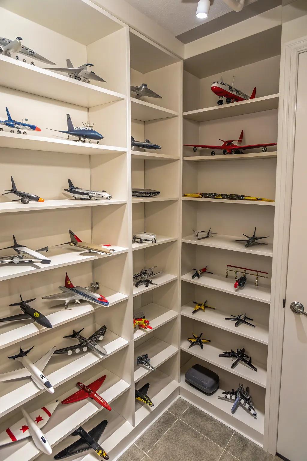 Corner shelving units are a clever way to showcase miniature aircraft.