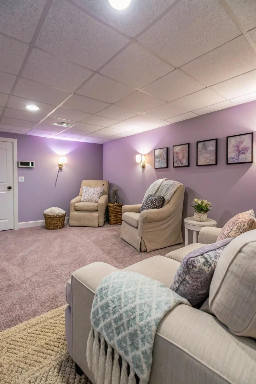 Quiet violet delivers a peaceful and soothing basement ambiance.