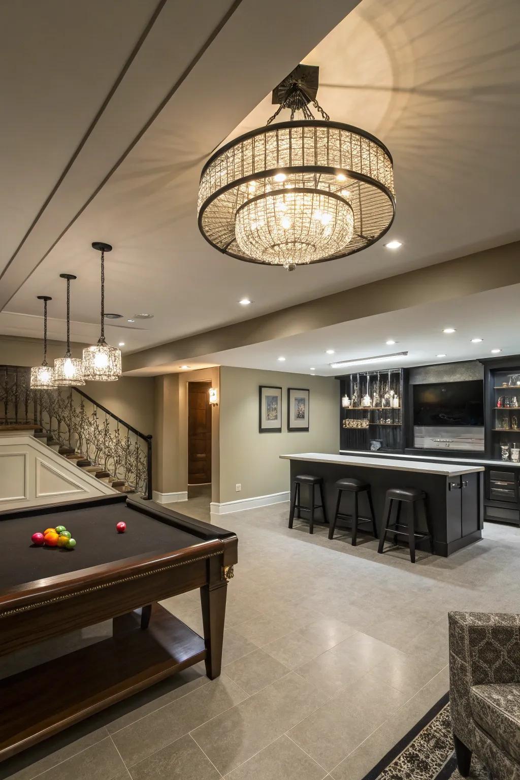 A striking ceiling fixture serves as the focal point of the basement.