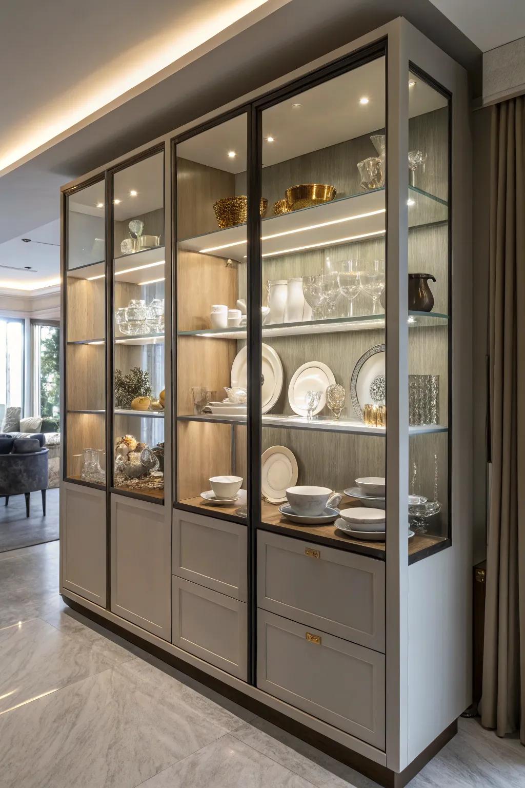 Airy and reachable exposed storage within a display cabinet.