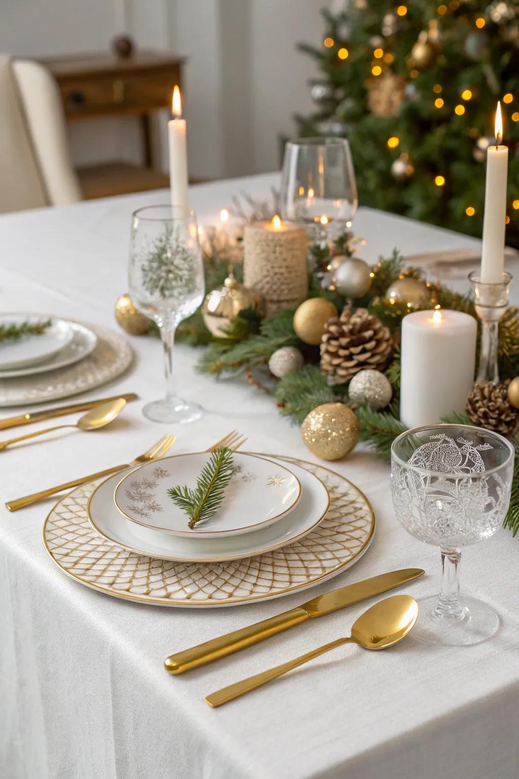 A luxurious Christmas table arrangement with touches of gold.