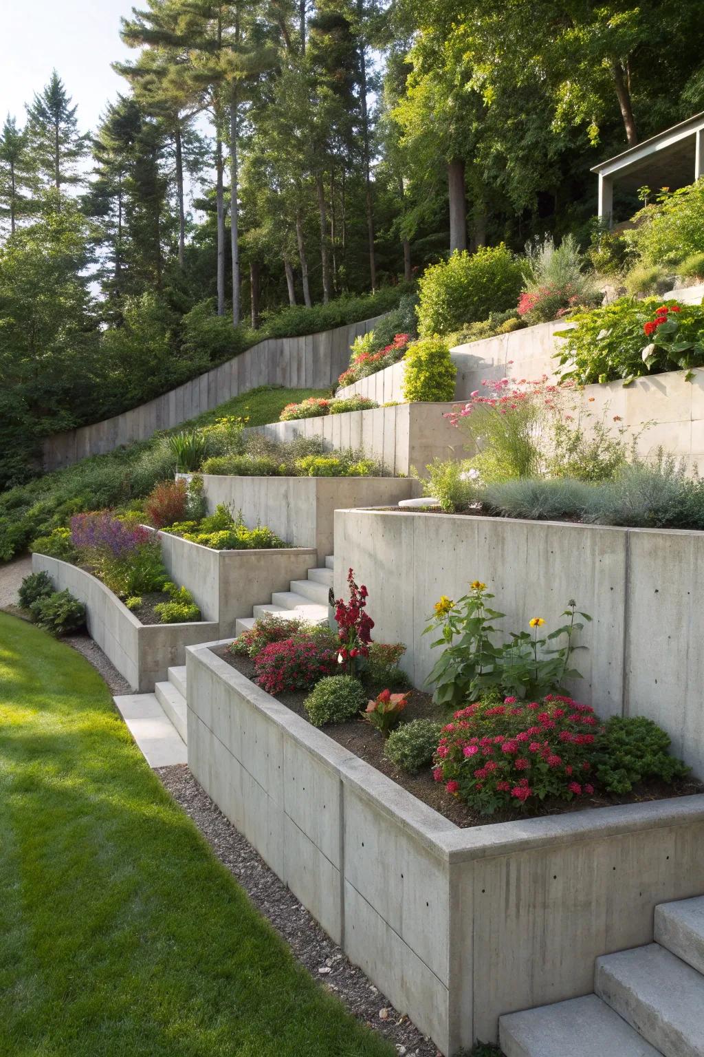 Concrete walls of varying heights to produce a dynamic garden.