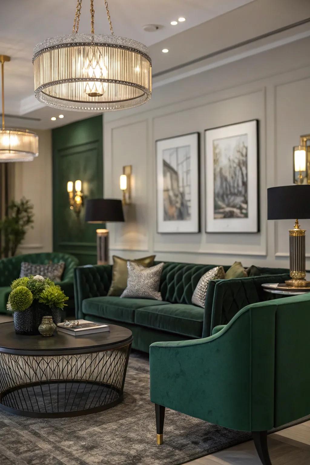 Modern illumination enhances the ambiance of a deep green living room.