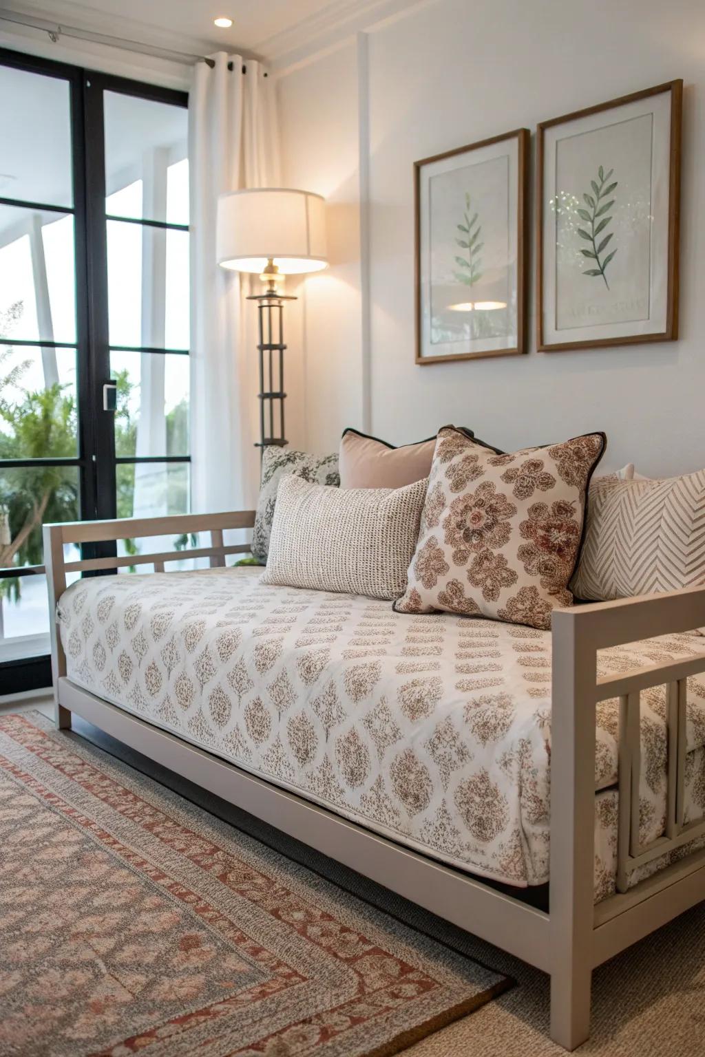Subtle designs on bedding add beauty to a modern daybed.