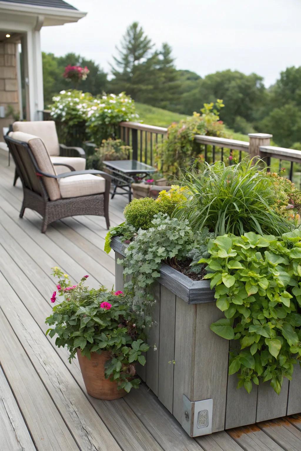A deck arrangement displaying plentiful flora via incorporated plant boxes.