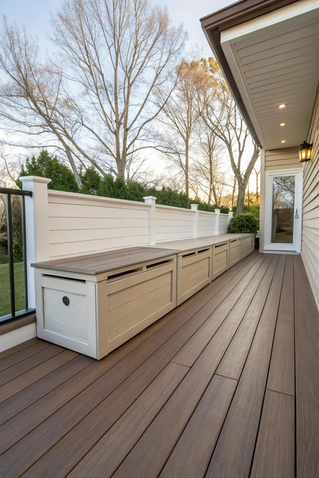 Hidden storage solutions add practicality to deck skirting.